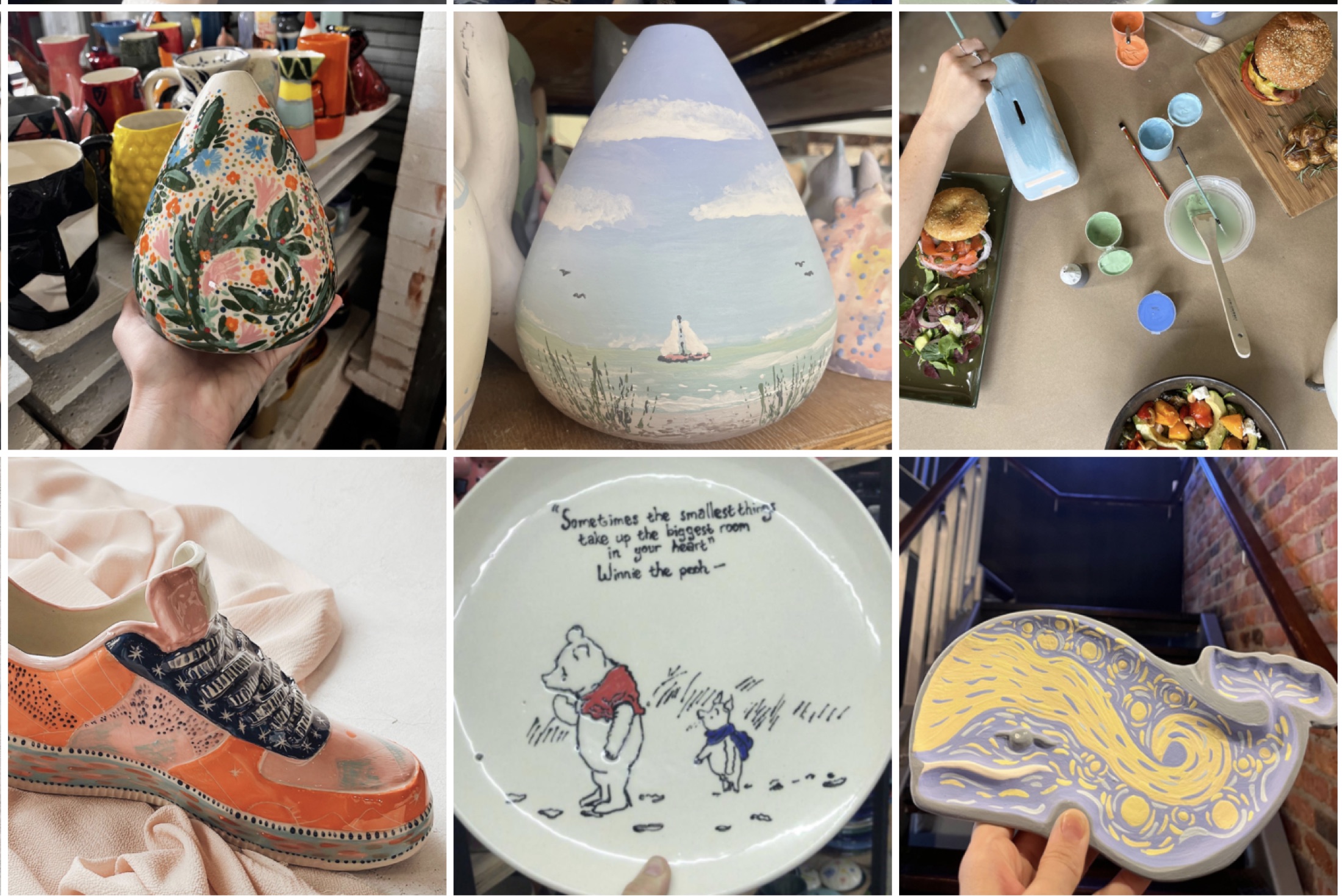 A grid of pieces painted at Clay Cafe in Hout Bay — a hand-decorated pear, a sailboat seascape, a ceramic sneaker, a Winnie-the-Pooh plate, a whale dish, with children painting in the corner